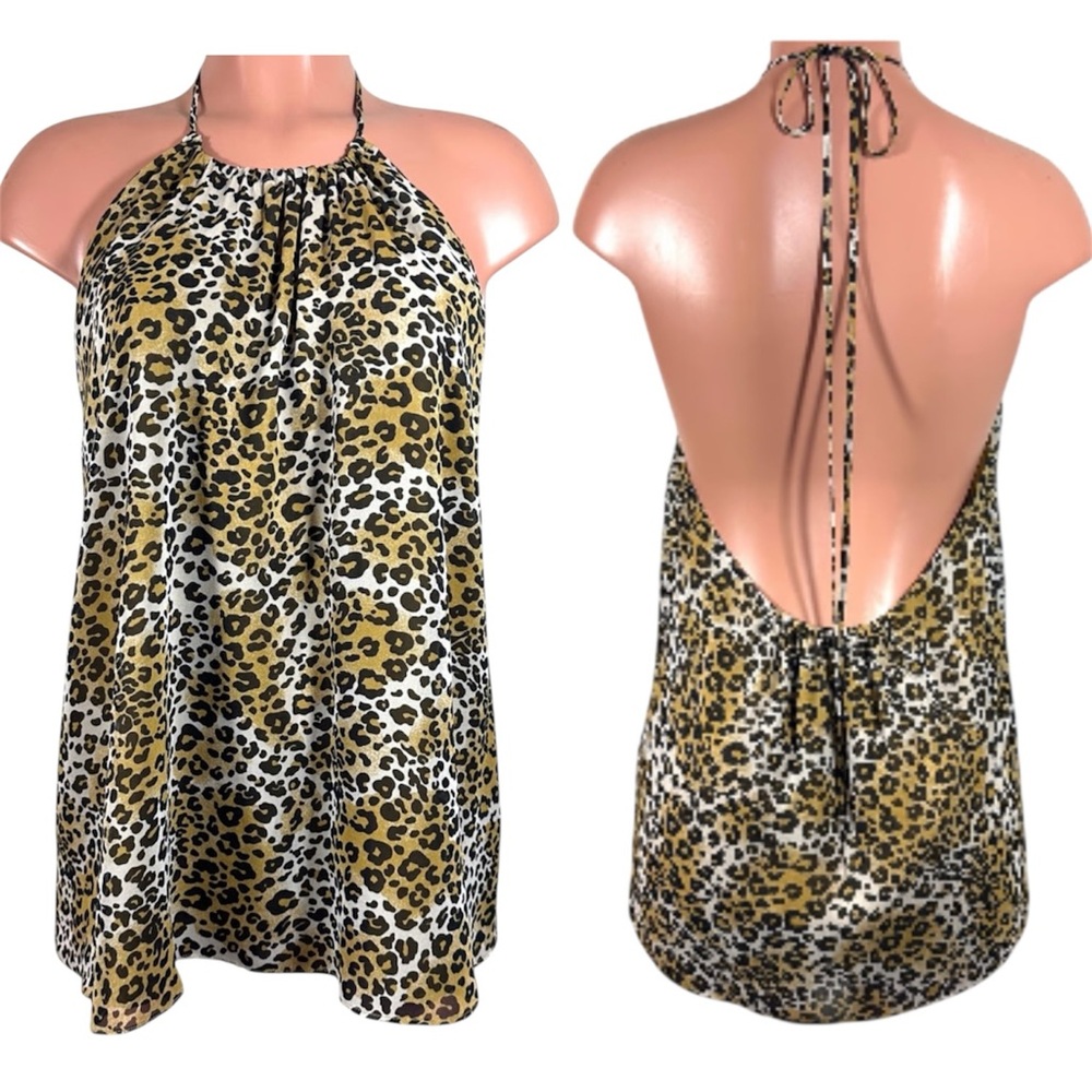 Alice + Olivia Silk Animal Leopard Print Halter Top Open Back Luxe Size Small